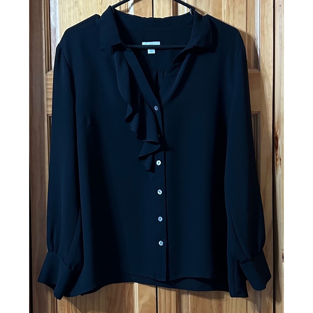 J. Jill Women's Large Black Ruffle Button Down Blouse‎ Long Sleeve NWOT